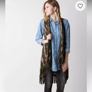 Gimmicks BKE Size Small Flyaway Fringe Vest Open Weave Raw Edge Olive/Brown